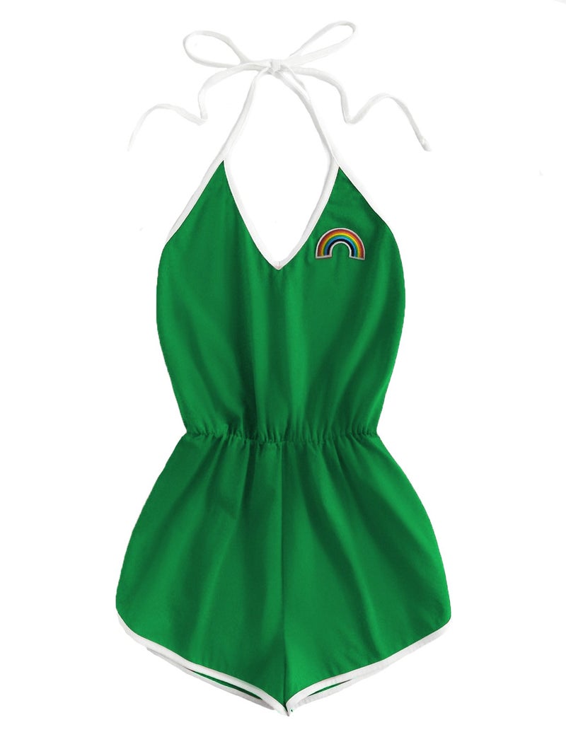 SweatyRocks Women's Halter Sleeveless Short Jumpsuit Rompers Backless Playsuit Green S - Image 1